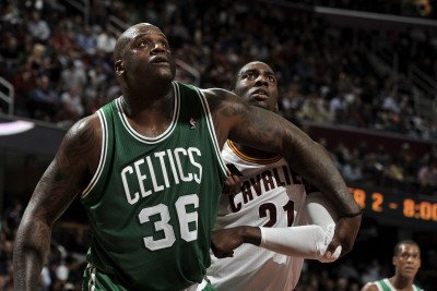 Boston Celtics v Cleveland Cavaliers: Shaquille O'Neal and J.J. Hickson Photographic Poster Print by David Liam Kyle, 28x42