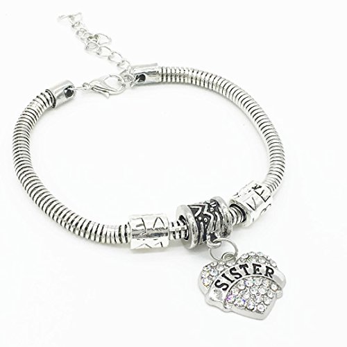 Susenstone®Shiny Crystal Rhinestone Heart Sister Charm Bangle Bracelet