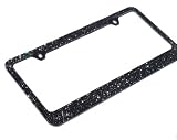 Premium Bling 7 Rows Pure Black (C TYPE-SCREW CAP) Crystal Rhinestone-Metal Black License Plate Frame with Two Caps