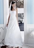 David's Bridal Wedding Dress: Satin A-line gown with beaded metallic lace applique. Style T9569