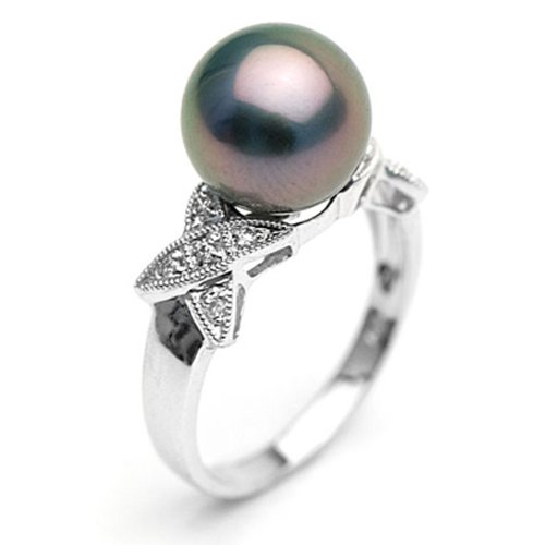 Black Tahitian Pearl and Diamond X Ring 9.0-10.0mm 18K Gold