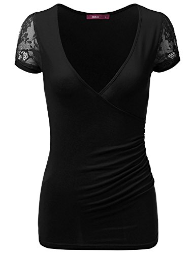 Doublju Women's Laced Short Sleeve Surplice Wrap T Shirts