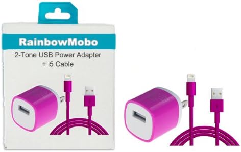 RainbowMOBO (TM) AC Power Travel Wall Adapter + 3 Feet 8-pin to USB 2.0 Charging + Data Sync Cable Cord for iPhone 5 / 5S / 5C / iPad 4 & mini & iPod Touch 7th (Rainbow Hot Pink)
