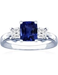 14K White Gold Cushion Cut Blue Sapphire Three Stone Ring