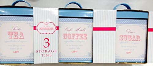 Traditional Kitchen Shop Tea Coffee & Sugar Square Tin Storage Canisters - Pale Blue - Vintage French Collection
