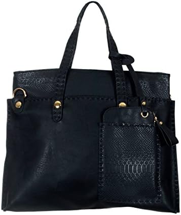 Tote Bag Style Purse with Snakeskin Texture Trim by Michael Michelle (Black)