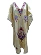 Gypsy Boho Dress Ivory Crewel Floral Embroidered Resort Wear Kaftan Dresses