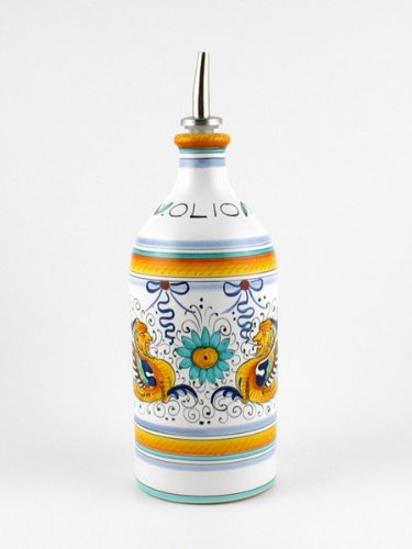 Hand Painted Italian Ceramic 8.3-inch Oil Bottle Raffaellesco - Handmade in Deruta