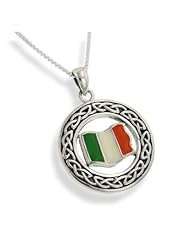 Irish Celtic Knot and Flag of Ireland Medallion Sterling Silver Pendant with 20" Chain Necklace