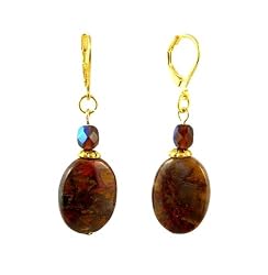 Earrings - E339 - Genuine Red Pietersite Gemstone and Fire Polished Glass Beads ~ Oval