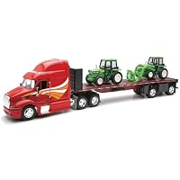 Peterbilt Truck with Flatbed Trailer and 2 Farm Tractors: Diecast and Plastic Model - 1:32 scale