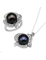 Sterling Silver Pearls and 3.4 CTW Cubic Zirconias Ladies Jewelry Set. Ring Size 8. Length 18 in. Total Item weight 7.6 g.