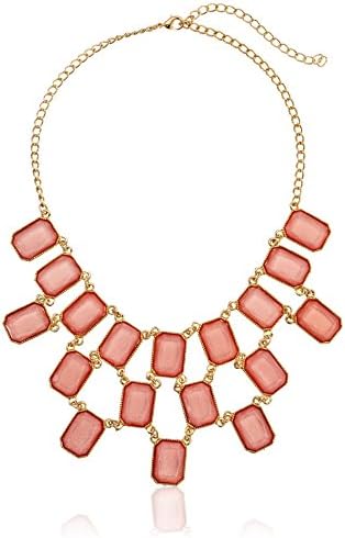 18 Sparkle Stone Rectangle Statement Bib Shiny Gold and Peach Necklace, 18"