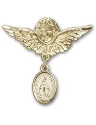 14kt Gold Baby Badge with Miraculous Charm and Angel w/Wings Badge Pin