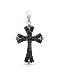Bling Jewelry Pave Black Onyx Emerald Color CZ Forked Cross Pendant 925 Silver