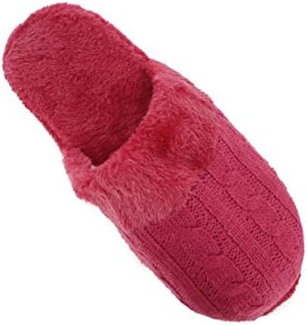 Harve Benard Ladies Cable Knit Slide Slippers Faux Fur Cuff Trim Fuchsia Pink -BRY-M