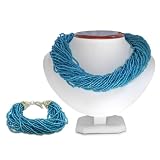 Italian Styled Blue Glass Seed 39 Strand Necklace and 30 Strand Bracelet with Balinese Toggle Clasp