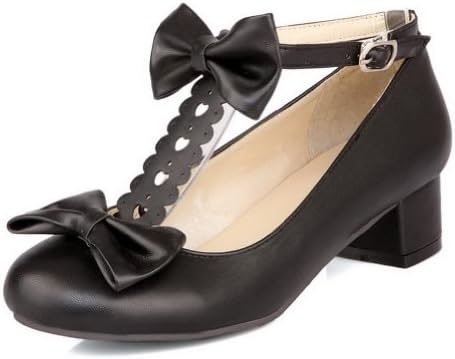 VogueZone009 Womens Closed Round Toe Low Heel Chunky PU Solid Pumps with Bowknot and T-strap, Black, 9.5 B(M) US