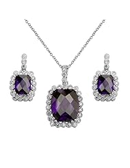 .925 Sterling Silver CZ Purple and White Checker Cut Earrings and Matching Pendant-Necklace Set with 1.2mm Cable Rolo Chain - 16"+1" Inches Extension