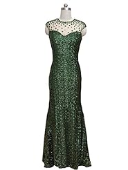 Round Neck Mermaid Floor Length Lace Illusion Sequined Open-Back Natural   Waistline Prom Dress 