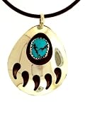 By Artist Virginia Johnson: Large Navajo Sterling-silver & Tourquoise Bear Paw Genuine Leather cord Pendant-necklace