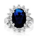 White Gold Rhodium CZ Blue Sapphire Royal Engagement Ring Kate Middleton Style Actual Size 7