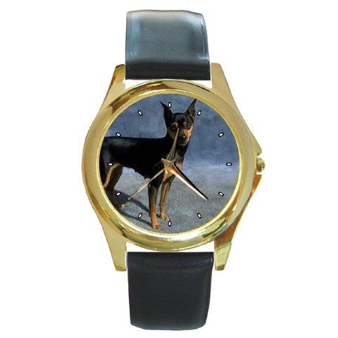Miniature Pinscher Round Gold Metal Watch