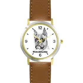 Boxer (SC) Dog - WATCHBUDDY® CLASSIC DELUXE TWO-TONE THEME WATCH - Arabic Numbers-Brown Leather Strap-Size-Large ( Men's Size or Jumbo Women's Size )
