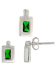 Sterling Silver Matte-finish Rectangular Earrings (9mm tall) & Pendant (11mm tall) Set, w/ Emerald Cut Emerald-colored CZ Stones