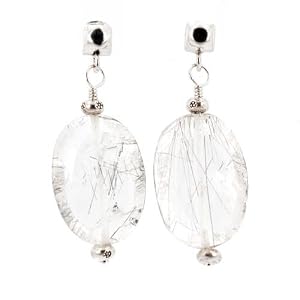 Oval Faceted Silver Rutilated Quartz Gemstone Bead Dangle Earrings with Square Domed Sterling Silver Posts, #7505