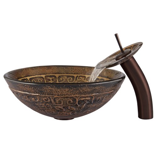 VIGO Golden Greek Glass Vessel Bathroom Sink and Waterfall Faucet with Pop Up, Oil Rubbed Bronze