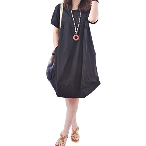 Fedi Apparel Women Cotton Linen Short Sleeve Ruffle Hem Blouse Loose Dress