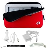Slim High Quality Durable Glove Sleeve Cover Case with extra pocket Custom Made For Barnes & Noble Nook eBook Reader (RED) + Includes a 4-Inch eBigvalue Determination Hand Strap + 3 in 1 Combo Home and Wall Charger with USB Data Cable