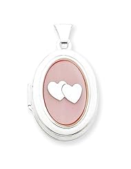 Sterling Silver Mother of Pearl with 2 Hearts 2-Frame Oval Locket
