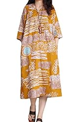 V-neck Summer General Print Cotton/Linen  Dress