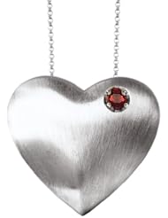 925 Sterling Silver Satin Finish Puff Heart Pendant with Garnet