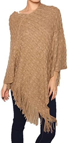 Womens Crochet Knit Fringed Poncho Soft and Cozy One Size Camel