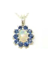Luxury Ladies Solid White 9K Gold Ornate Vibrant Natural Opal & Blue Sapphire Marquise Pendant Necklace - Ideal for Christmas, Birthday, Anniversary or Mothers Day Gift
