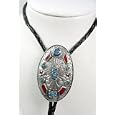Turquoise / Coral Polished Pewter Concho Bolo Tie