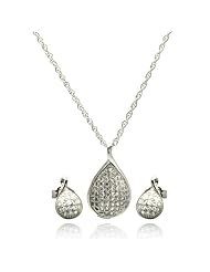 Nickel Free Sterling Silver Necklace & Earring Sets Wave Micro Pave Disc Set Pendant: 21.55mm X 2.9mm Earrings: 11.4mm X 7.2mm Chains: Adjustable 16-18 Inches