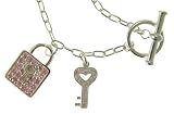 Image of Ladies Silver Pink Cubic Zirconia Set Lock and Key T Bar 7.5