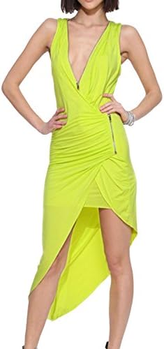 Stylebek Women's Bodycon Sexy Deep V Neck Ruched Asymmetric Dress