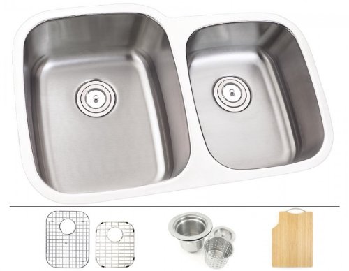 32 Inch - 16 Gauge Stainless Steel 60/40 Undermount Double Bowl Offset Kitchen Sink - Combo Deal