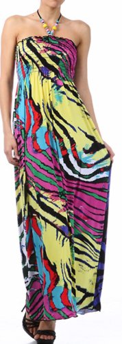 FO63B7931 - Zebra Inspired Multi-Colored Graphic Print Beaded Halter Smocked Bodice Long / Maxi Dress ( Various Colors / Sizes ) - Yellow/Small