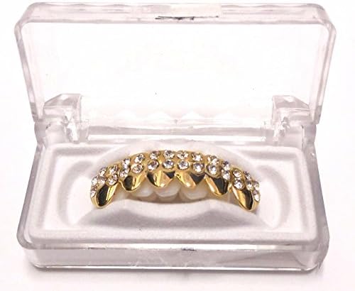 Gold Silver Colored Hip Hop Grillz Top Bottom Teeth Grill w/ Stone New In Box (Gold Bottom 2 Line Clear)