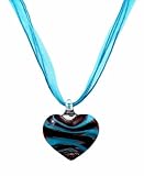 Necklace - N100 - Murano Glass Style - Heart Shape ~ Aqua, Brown and Silver Heart hung on 5-Strand Organza Cord