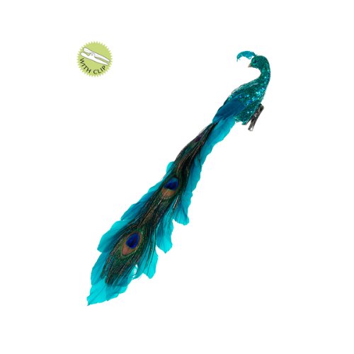 15" Regal Peacock Teal Blue Glittered Long Tail Bird Clip On Christmas Ornament