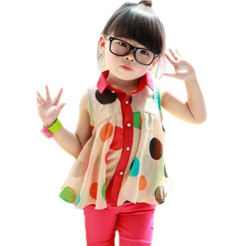 Urparcel Girls Chiffon Tops Sleeveless T-shirt Colorful Polka Dot Lapel 2-7Y