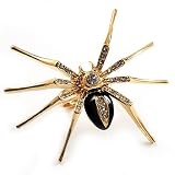 Gold Black Enamel Swarovski Crystal Spider Cocktail Ring - Size 7