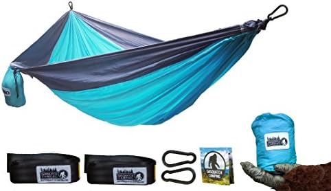 Sasquatch Camping Hammock Large - Lightweight Nylon Double Outdoor Hammock For Two - FREE Extra Long Adjustable Tree Straps Included - Ideal For Camping And Outdoors, Beach, Hiking, Summer - Blue